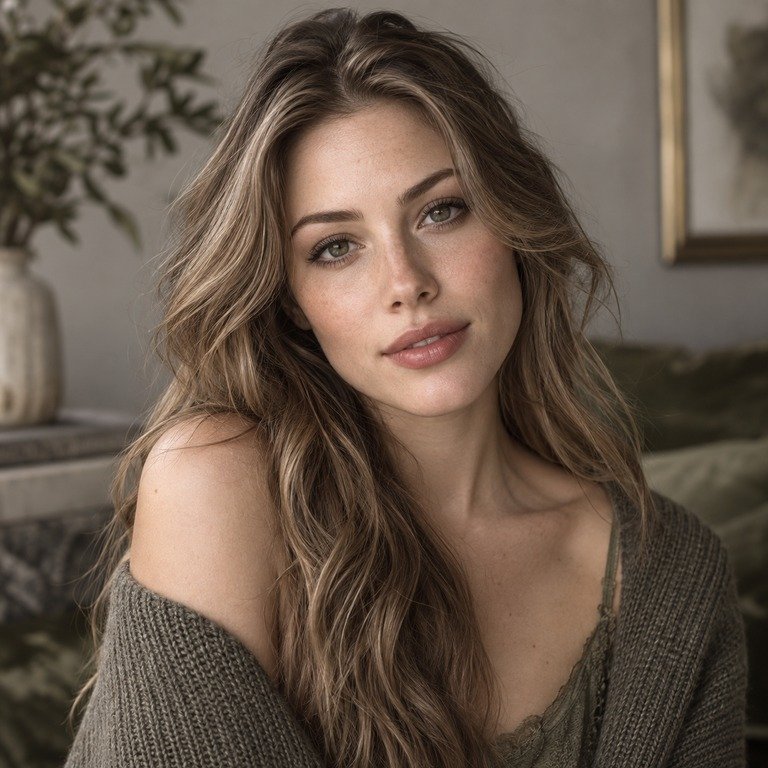 Young adult woman styled in taupe grey and olive brown tones for an Earl Grey versus Olive Brown colored contacts comparison