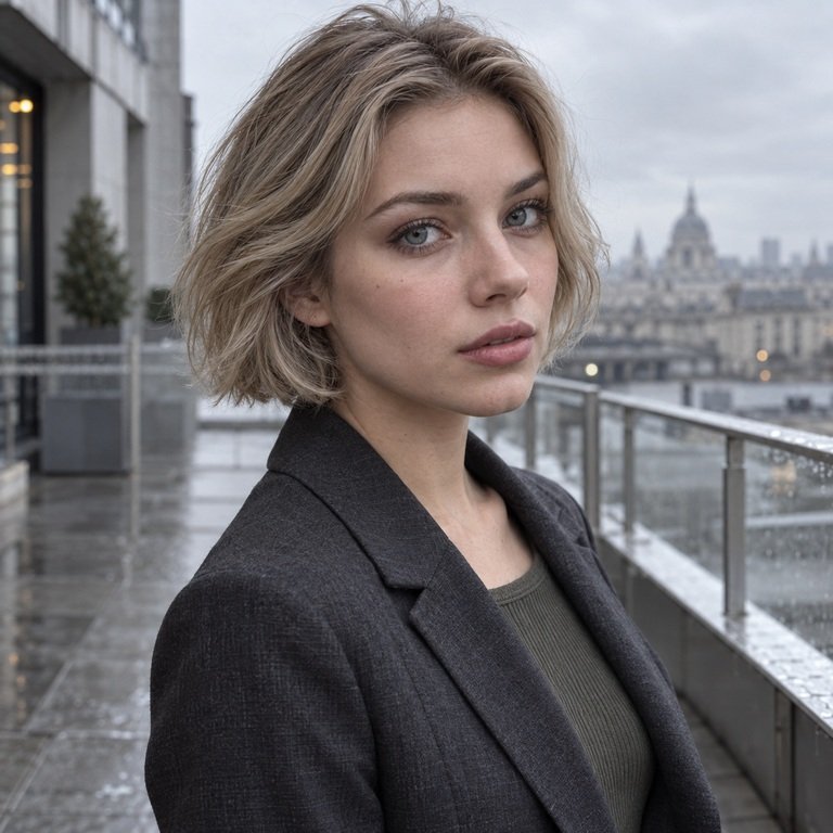 Young adult woman on a rain-washed city terrace for an Earl Grey versus Olive Grey colored contacts comparison