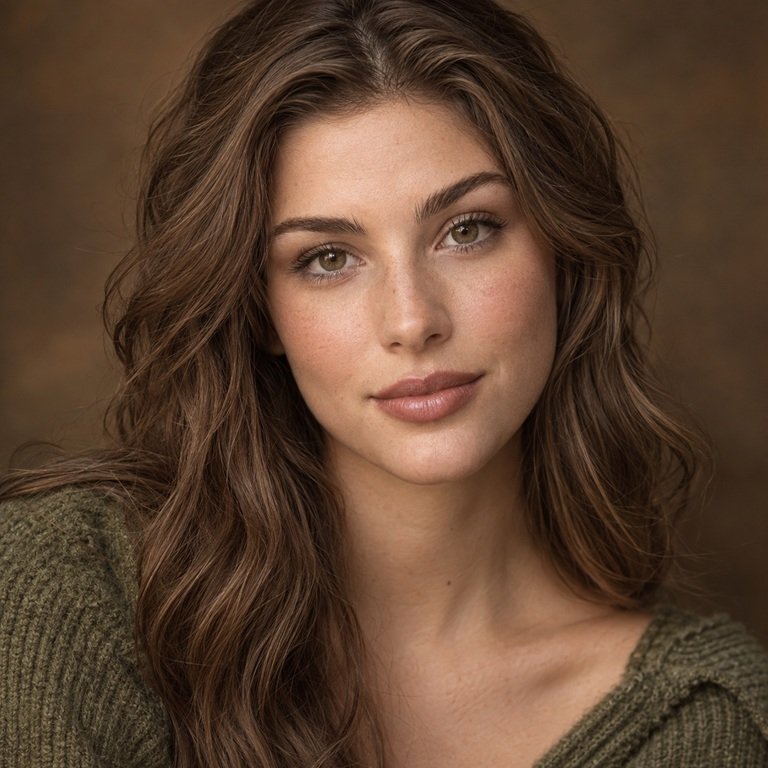 Young adult woman in earthy brown and olive tones for an Illusory Brown versus Olive Brown colored contacts comparison