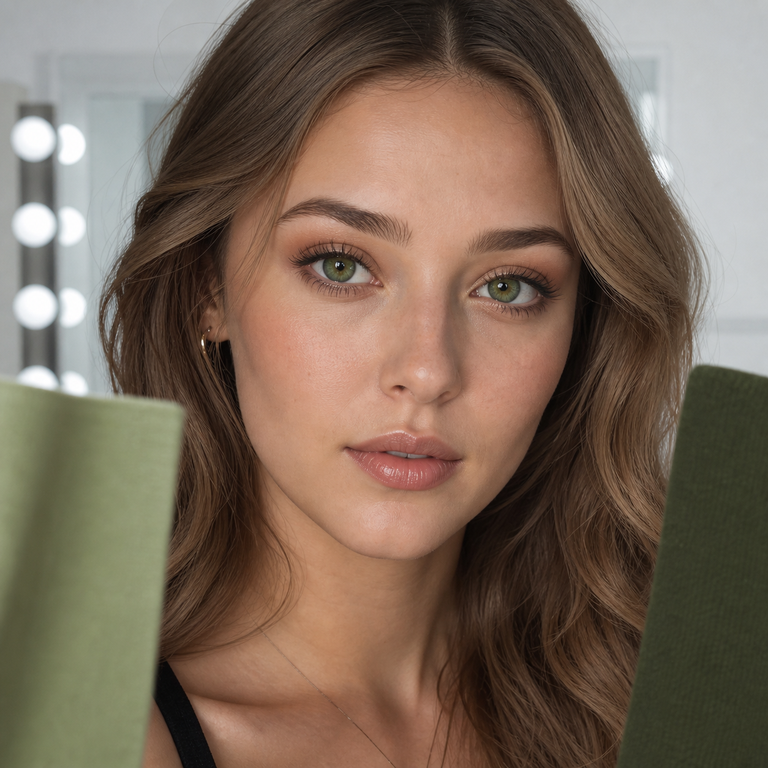 Young adult woman wearing realistic forest-olive green colored contacts for an Illusory Green and INYX Green comparison