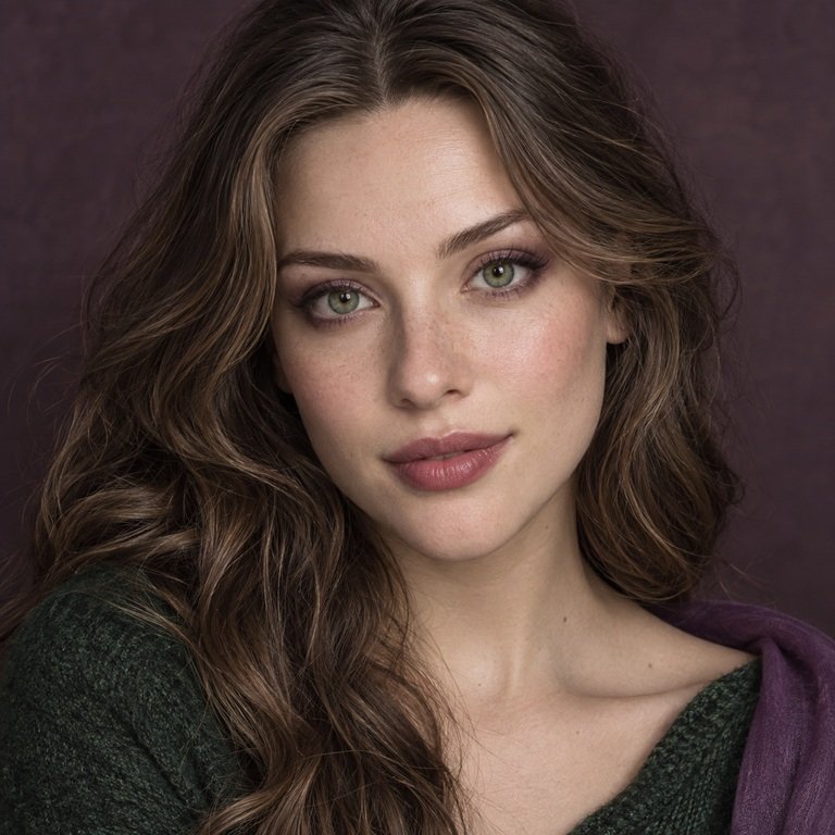 Young adult woman styled in forest green and muted plum tones for an Illusory Green versus INYX Purple colored contacts comparison