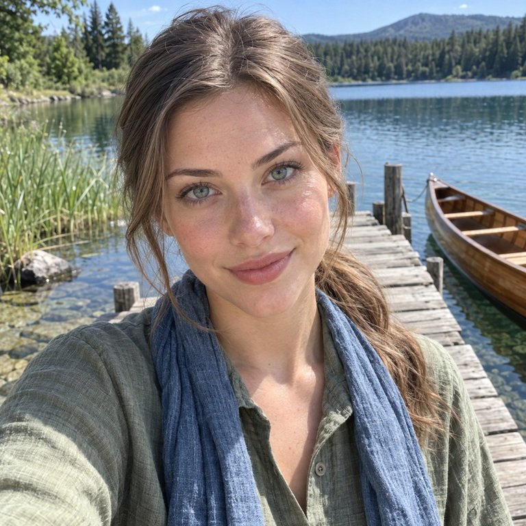 Young adult woman on a lakeside canoe dock for an Illusory Green versus Olive Blue colored contacts comparison