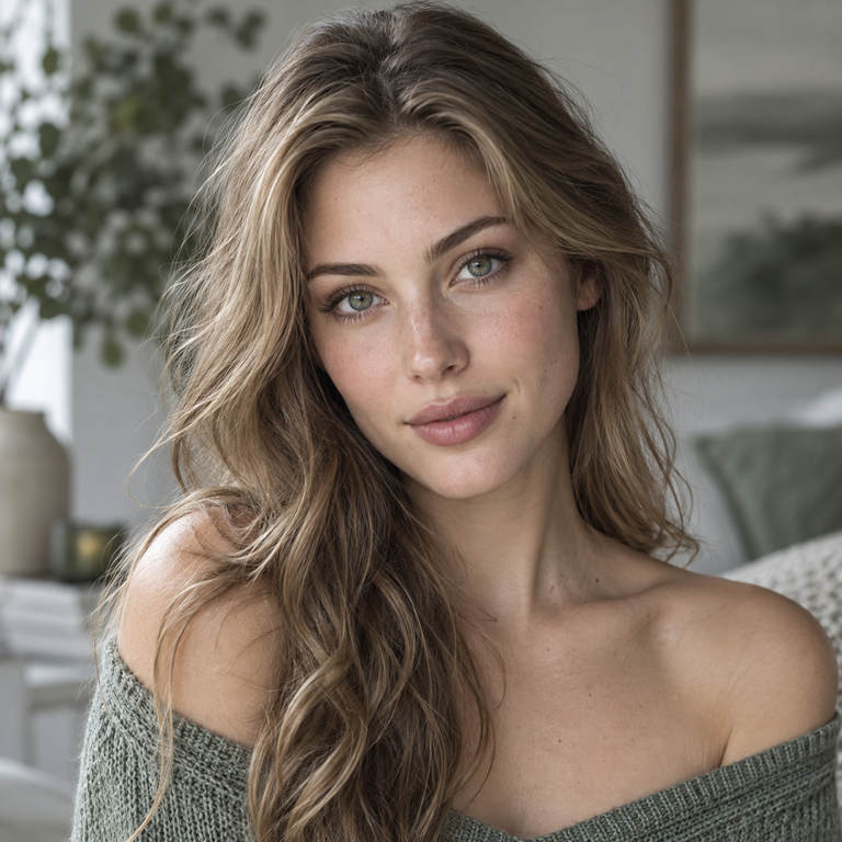 Young adult woman styled in moss green and cool grey tones for an Illusory Green versus Olive Grey colored contacts comparison