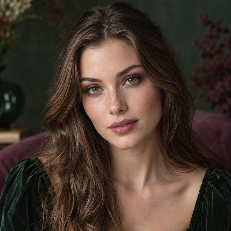 Young adult woman in deep green and berry tones for an INYX Green versus Berry Purple colored contacts comparison