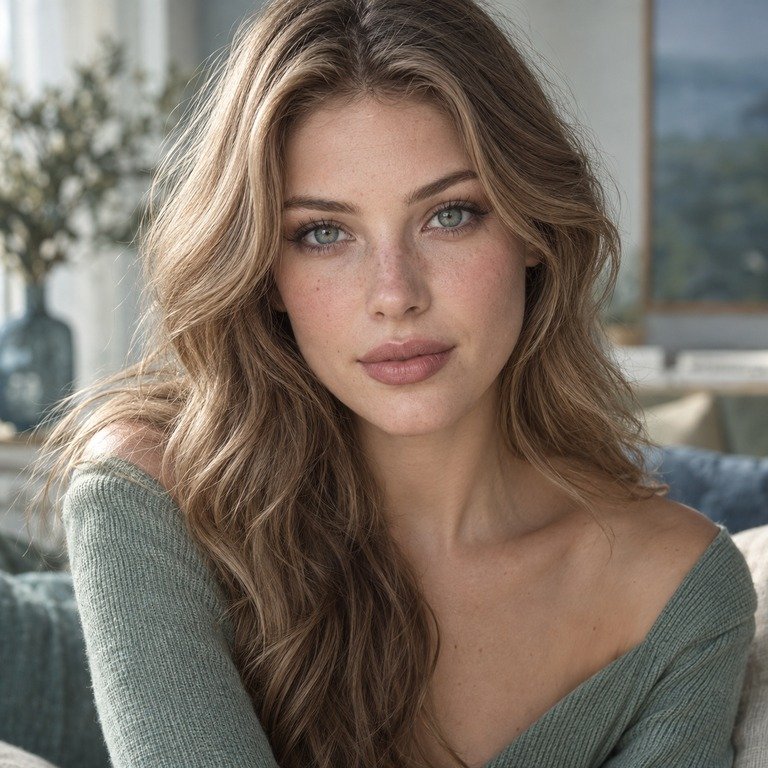 Young adult woman styled in sage green and dusty blue tones for an INYX Green versus Olive Blue colored contacts comparison