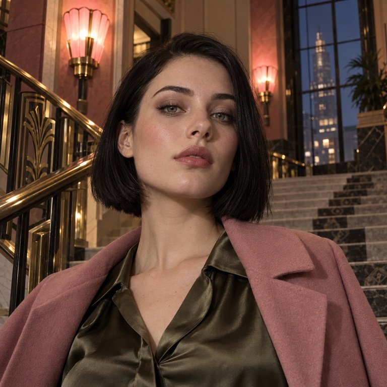 Young adult woman on an Art Deco hotel staircase for an INYX Pink versus Olive Grey colored contacts comparison
