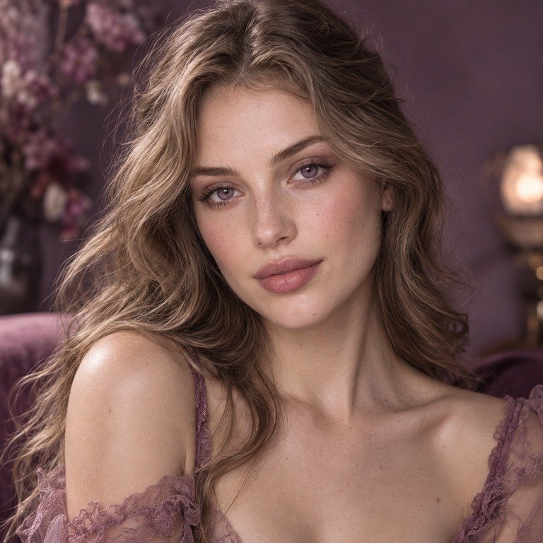 Young adult woman styled in dusty violet and rose tones for an INYX Purple versus Nova Pink colored contacts comparison