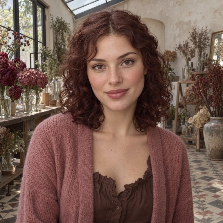 Young adult woman in a flower conservatory for a Muse Brown versus Berry Brown colored contacts comparison