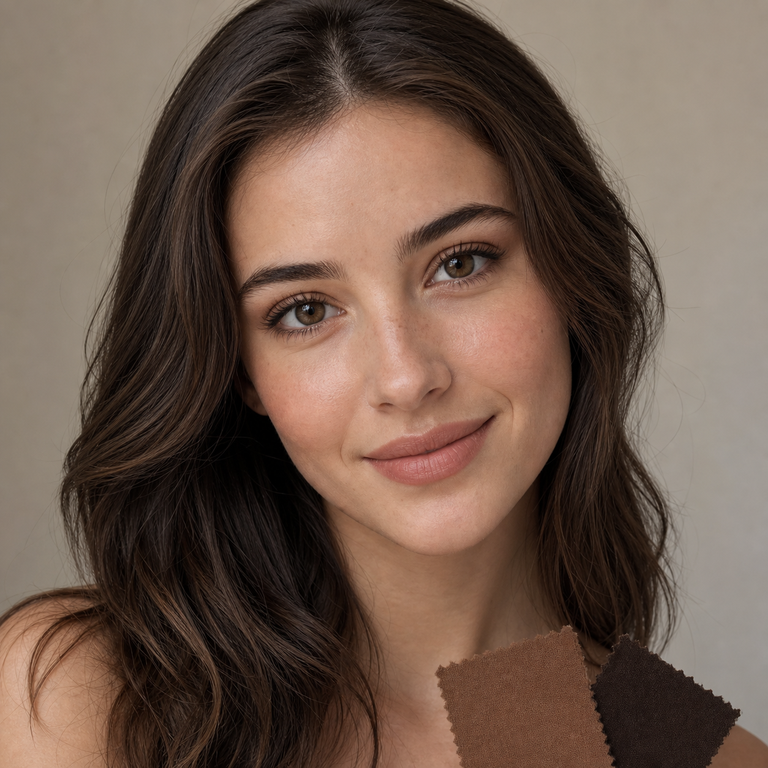 Young adult model with brown colored contacts and brown fabric swatches