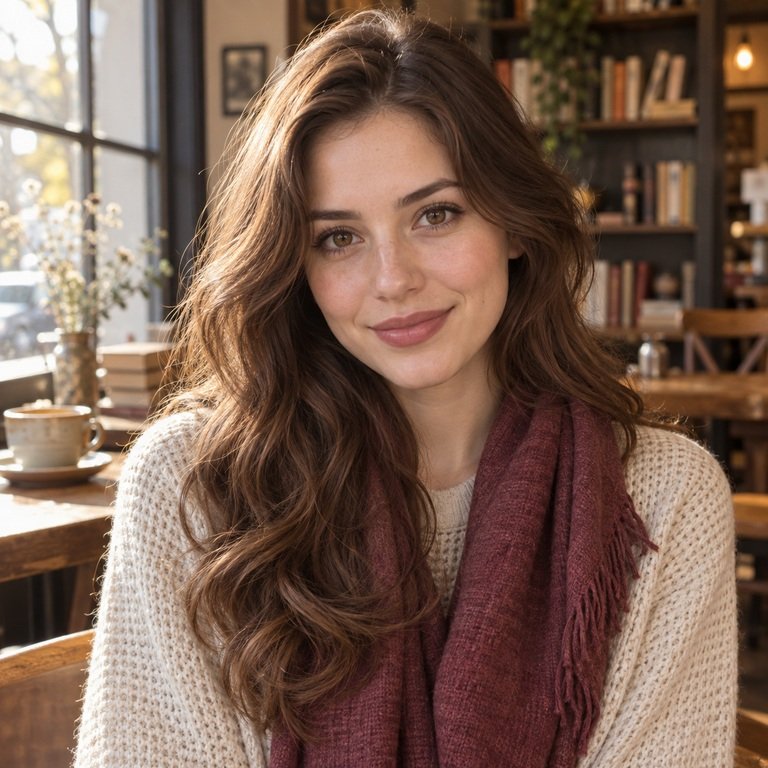 Young adult woman in a warm cafe setting for a Muse Coffee versus Berry Brown colored contacts comparison