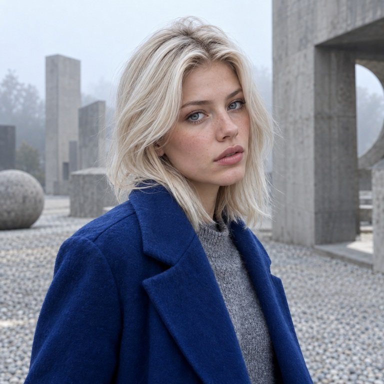 Young adult woman in a foggy sculpture garden for a Muse Grey versus Illusory Blue colored contacts comparison