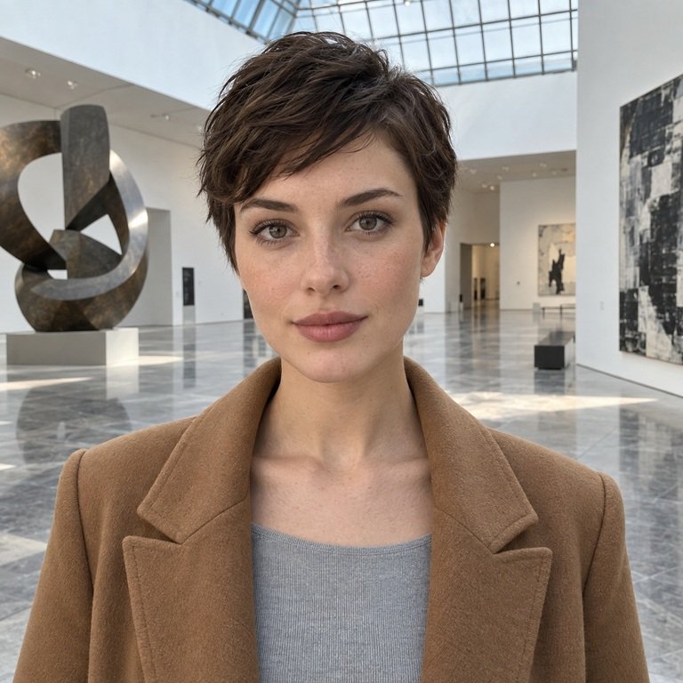 Young adult woman in a contemporary art museum for a Muse Grey versus Nova Brown colored contacts comparison