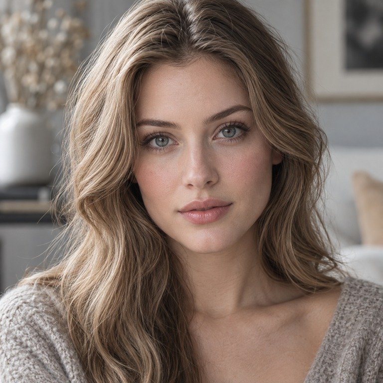 Young adult woman styled in soft grey tones for a Muse Grey versus Thai Grey colored contacts comparison