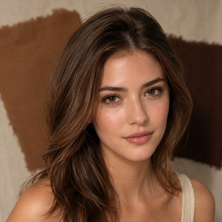 Young adult woman wearing realistic warm chestnut-brown colored contacts for a Nova Brown and Berry Brown comparison