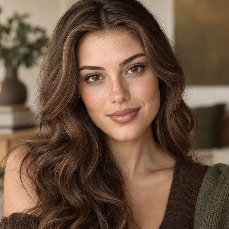 Young adult woman styled in cocoa and olive tones for a Nova Brown versus Olive Brown colored contacts comparison