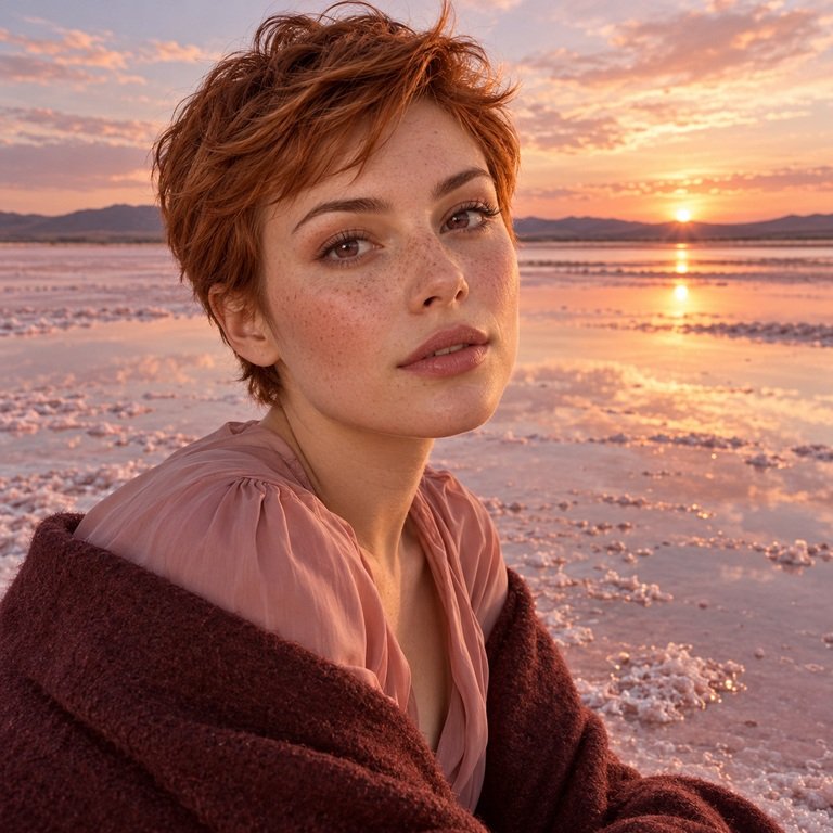 Young adult woman on a reflective pink salt flat for a Nova Pink versus Berry Brown colored contacts comparison