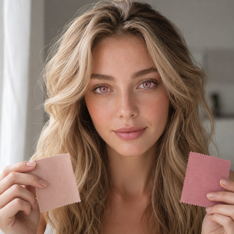 Young adult model comparing two pink colored contact lens styling directions