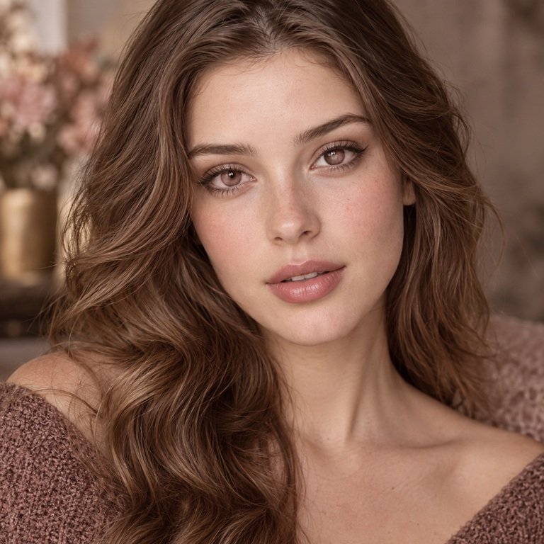 Young adult woman styled in dusty rose and coffee tones for a Nova Pink versus Muse Coffee colored contacts comparison