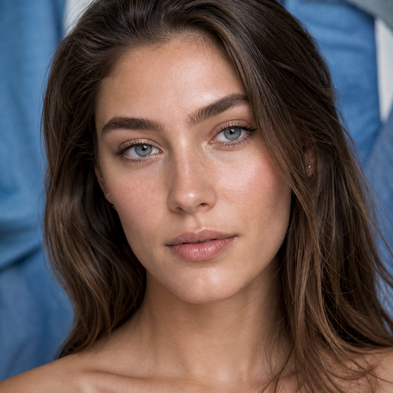 Young adult woman wearing realistic cool blue-grey colored contacts for an Olive Blue and Illusory Blue comparison