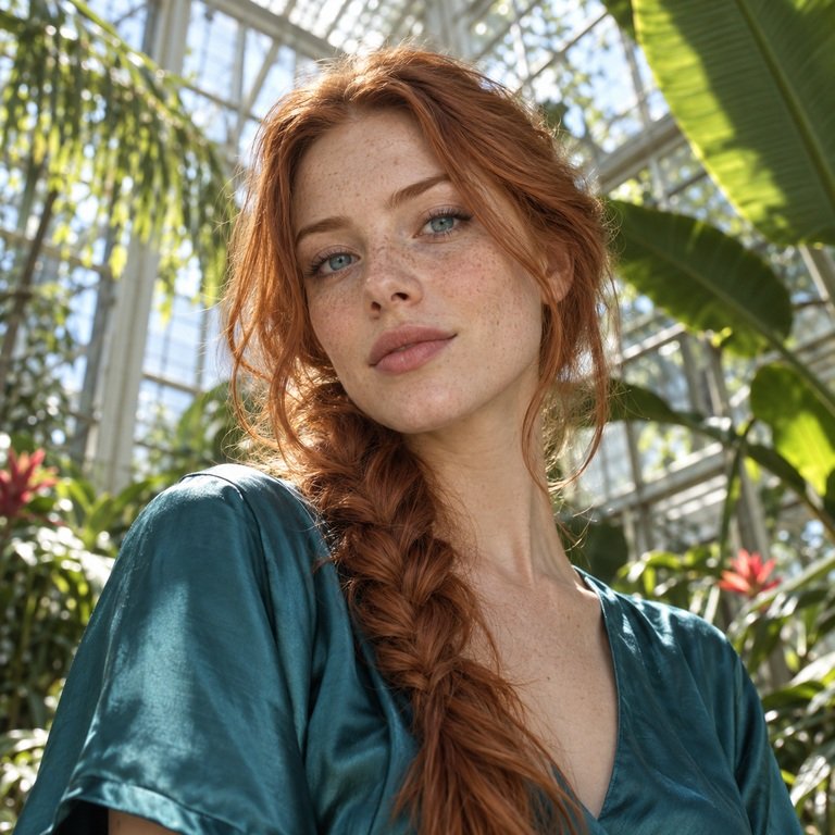 Young adult woman in a bright botanical glasshouse for a Thai Blue versus INYX Green colored contacts comparison