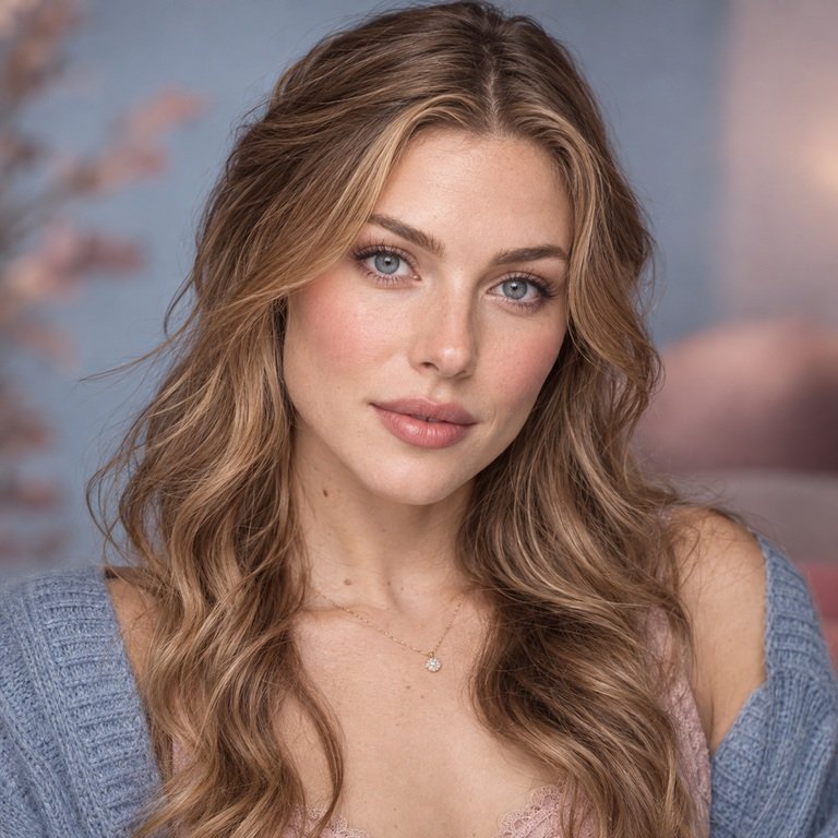 Young adult woman in dusty blue and rose tones for a Thai Blue versus Nova Pink colored contacts comparison