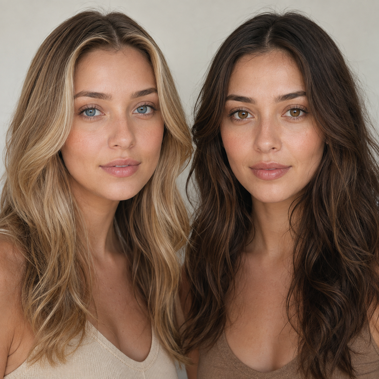 Two young adult models comparing blue and brown colored contact styling