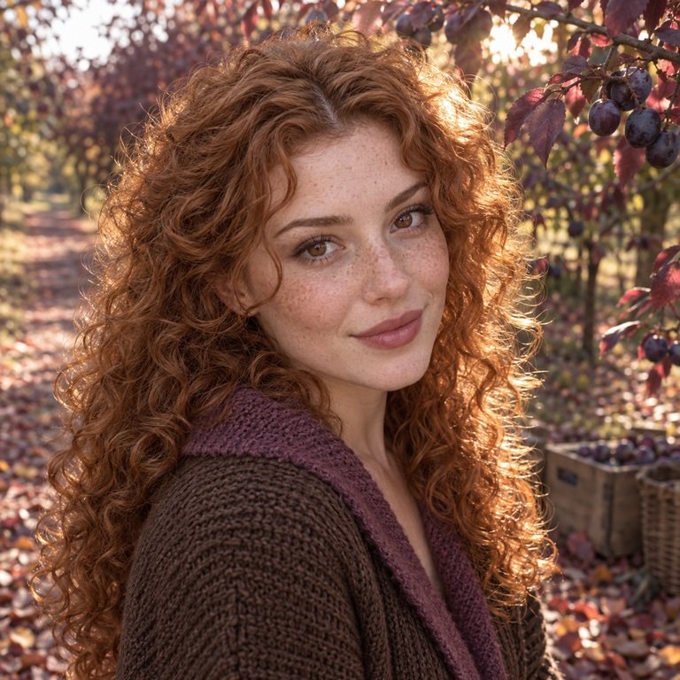 Young adult woman in an autumn orchard for a Thai Brown versus Berry Purple colored contacts comparison