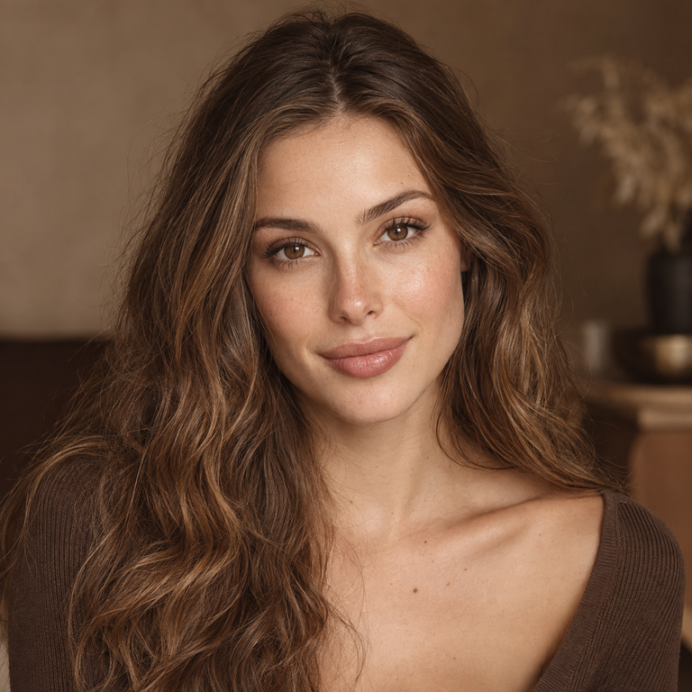 Young adult woman styled in cocoa brown tones for a Thai Brown versus Earl Brown colored contacts comparison