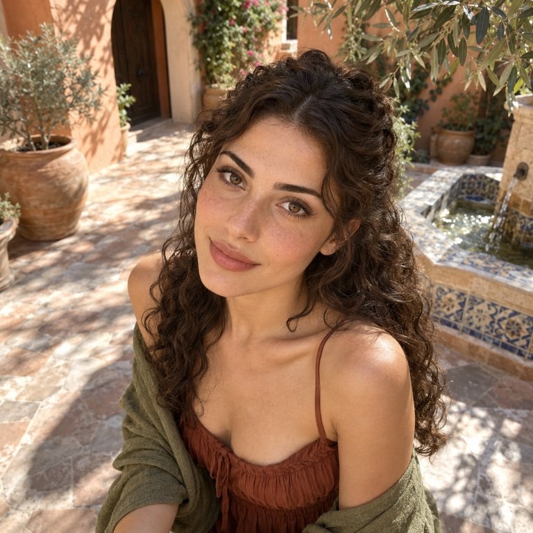 Young adult woman in a Mediterranean courtyard for a Thai Brown versus Olive Brown colored contacts comparison
