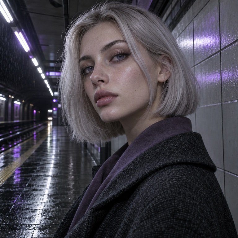 Young adult woman on a rain-lit subway platform for a Thai Grey versus INYX Purple colored contacts comparison