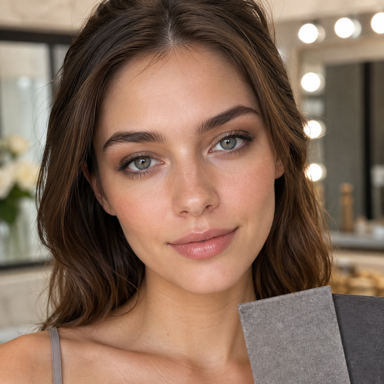 Young adult woman wearing realistic neutral stone-grey colored contacts for a Thai Grey and Olive Grey comparison