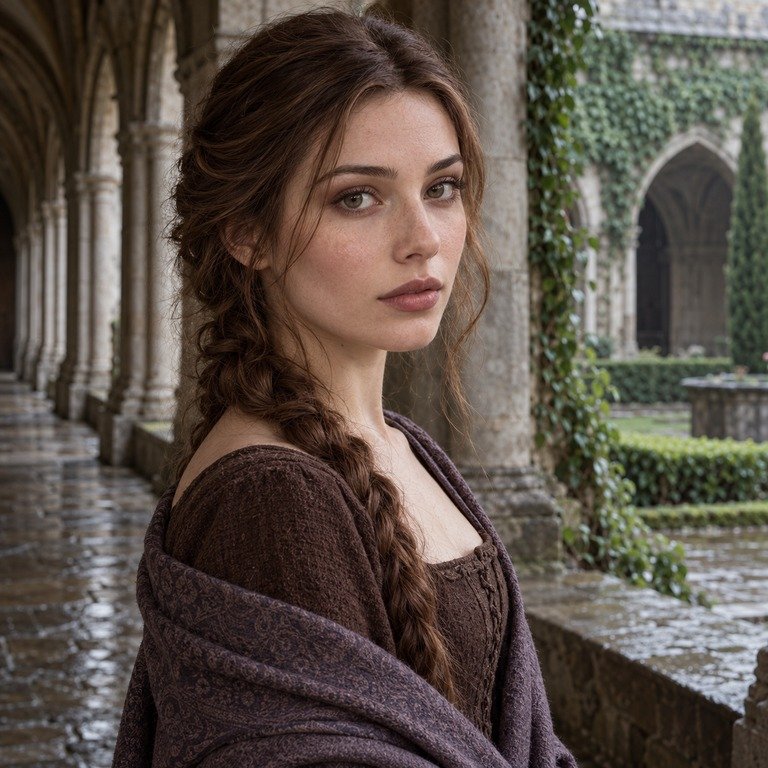 Young adult woman in a medieval stone cloister for an Earl Brown and Berry Grey colored contacts comparison