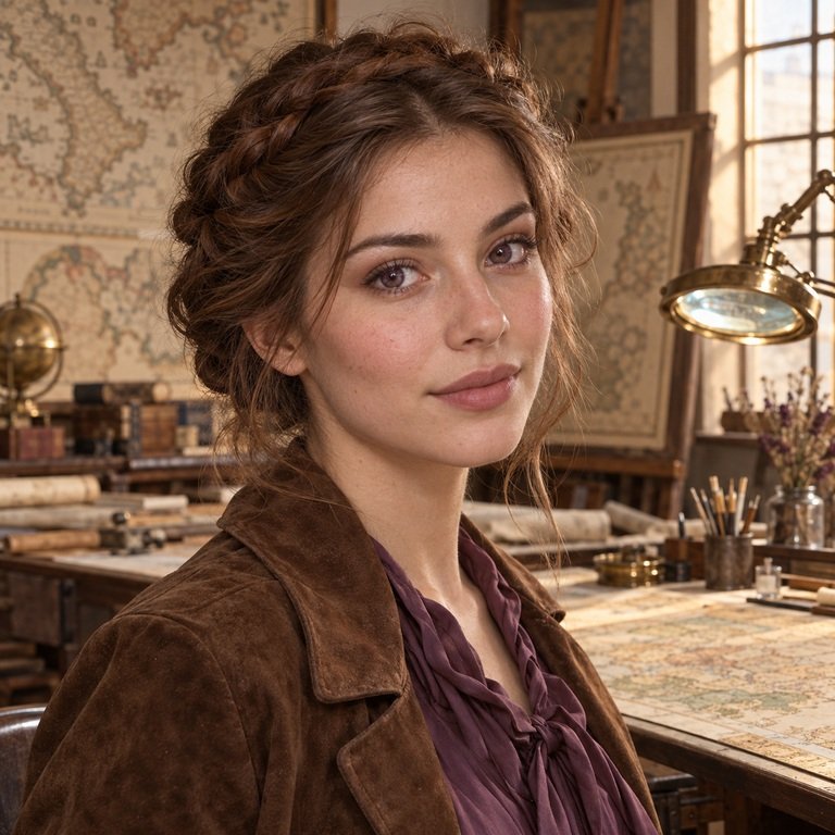 Young adult woman in an antique map restoration studio for an Earl Brown and Berry Purple colored contacts comparison