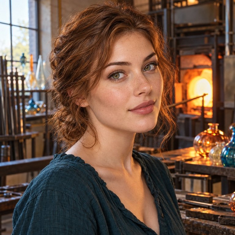 Young woman in a glassblowing studio for Earl Brown and Illusory Blue colored contacts