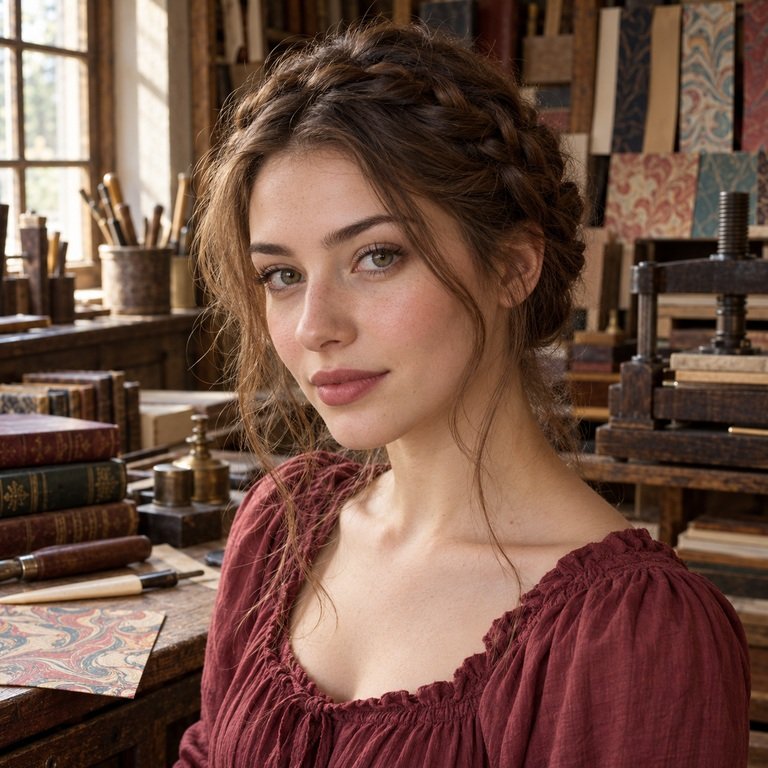 Young woman in a bookbinding atelier for Earl Brown and INYX Pink colored contacts