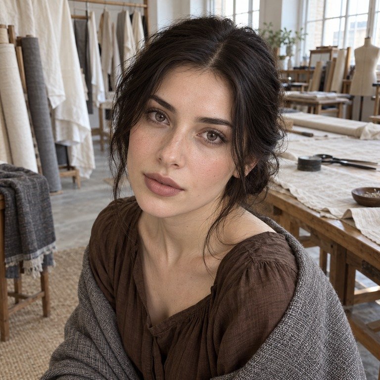 Young adult woman in a textile atelier for an Earl Brown and Muse Grey colored contacts comparison