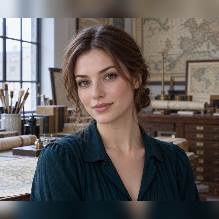 Young adult woman in a vintage map conservation laboratory