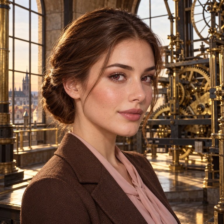 Young adult woman in an astronomical clock room for an Earl Brown and Nova Pink colored contacts comparison