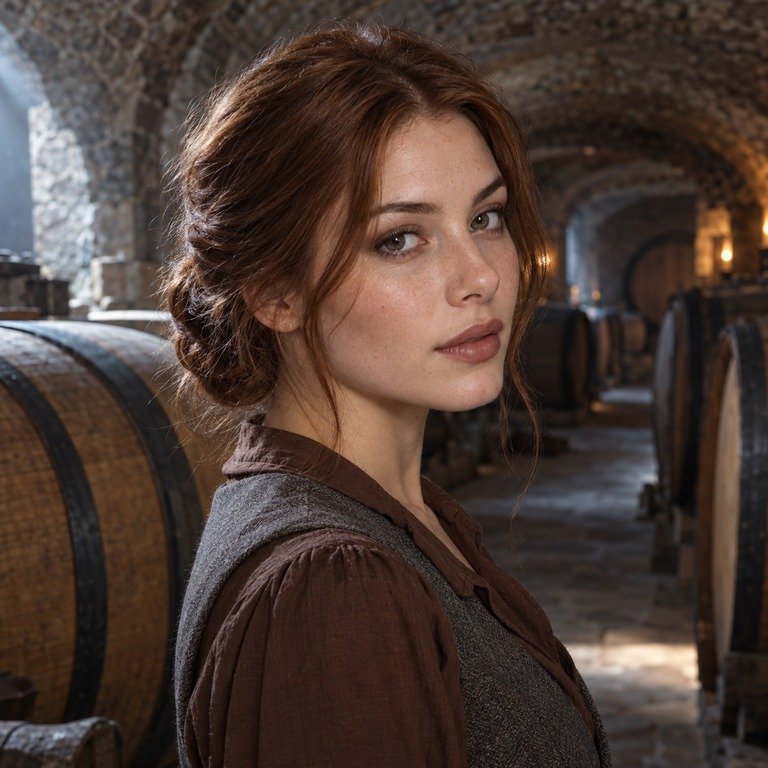 Young adult woman in a stone wine cellar for an Earl Brown and Thai Grey colored contacts comparison