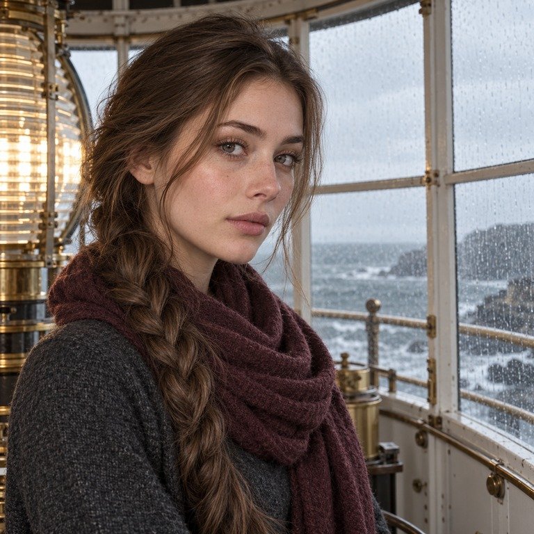 Young adult woman in a rainy lighthouse for an Earl Grey and Berry Brown colored contacts comparison