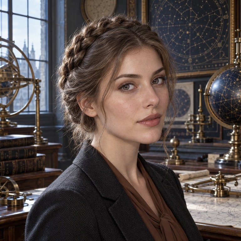 Young adult woman in a historical astrolabe study for an Earl Grey and Nova Brown colored contacts comparison