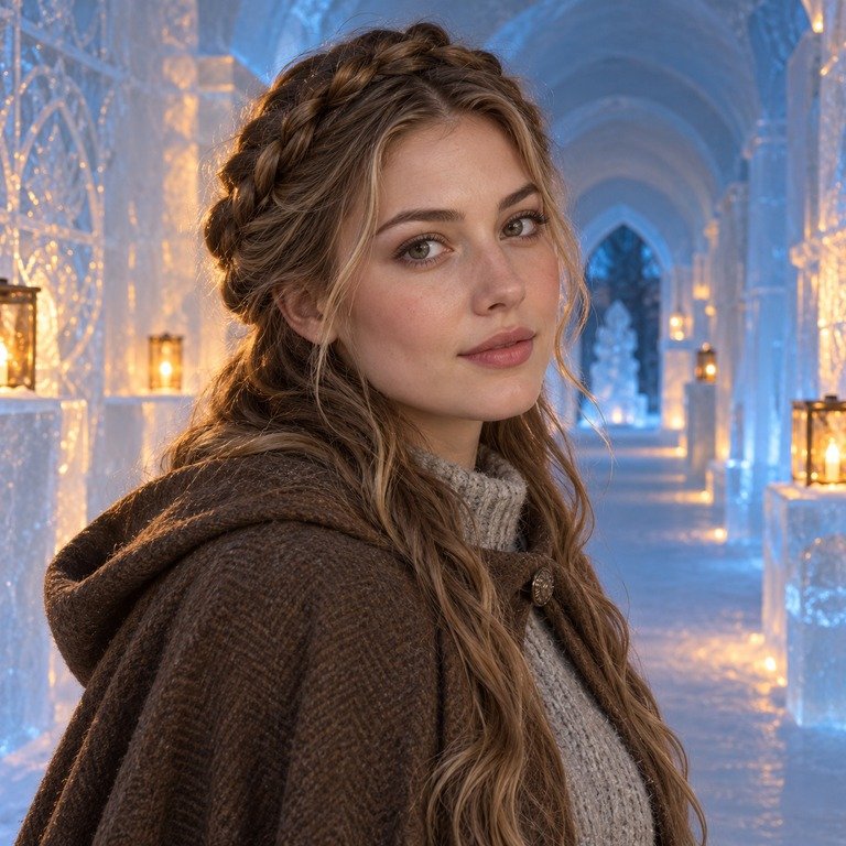 Young adult woman in an ice hotel for an Earl Grey and Thai Brown colored contacts comparison
