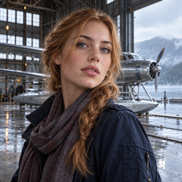 Young adult woman in a seaplane hangar for an Illusory Blue and Berry Grey colored contacts comparison