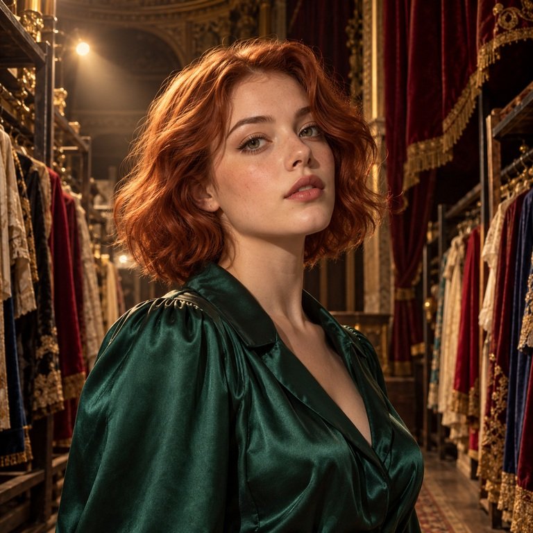 Young woman in a theater costume archive for Illusory Blue and Berry Purple colored contacts