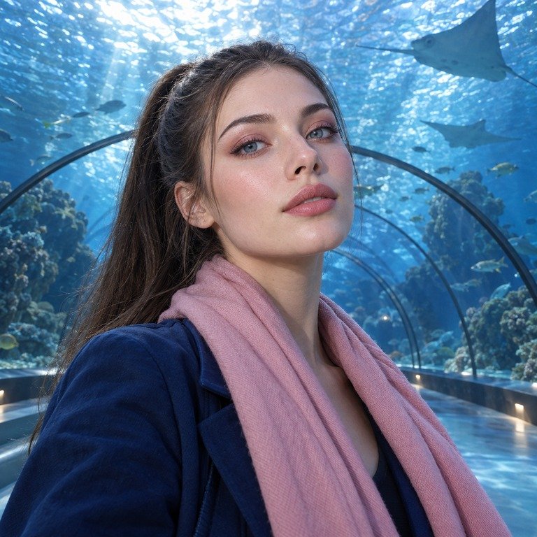 Young adult woman in an aquarium tunnel for an Illusory Blue and INYX Pink colored contacts comparison