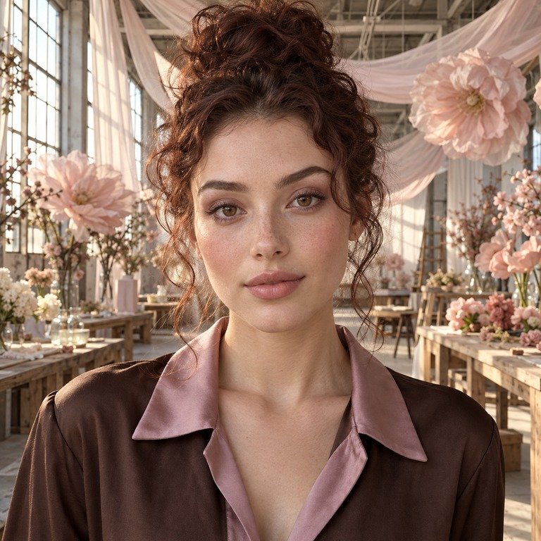 Young adult woman in a floral installation workshop for an Illusory Brown and Nova Pink colored contacts comparison