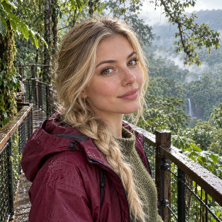 Young adult woman on a rainforest canopy walkway for an Illusory Green and Berry Brown colored contacts comparison