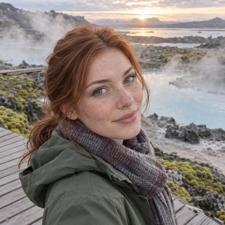 Young adult woman at an Icelandic geothermal spring for an Illusory Green and Berry Grey colored contacts comparison