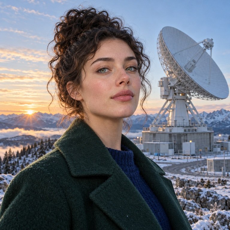 Young adult woman at a mountain radio observatory for an Illusory Green and Nova Blue colored contacts comparison