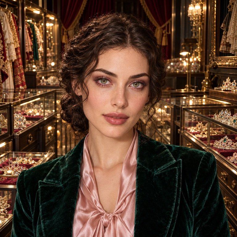 Young adult woman in a theater jewelry archive for an Illusory Green and Nova Pink colored contacts comparison